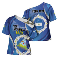 Personalized Nicaragua Independence Day 1821 Cross Shoulder Shirt Plumeria Floral - Wonder Print Shop
