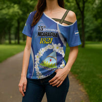Personalized Nicaragua Independence Day 1821 Cross Shoulder Shirt Plumeria Floral - Wonder Print Shop