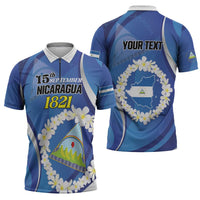 Personalized Nicaragua Independence Day 1821 Zipper Polo Shirt Plumeria Floral - Wonder Print Shop