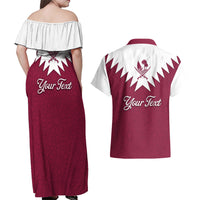 Personalised Qatar National Day Couples Matching Off Shoulder Maxi Dress and Hawaiian Shirt Dawlat Qatar Map Islamic Pattern - Wonder Print Shop