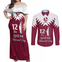 Personalised Qatar National Day Couples Matching Off Shoulder Maxi Dress and Long Sleeve Button Shirt Dawlat Qatar Map Islamic Pattern - Wonder Print Shop