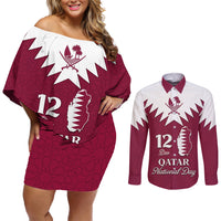 Personalised Qatar National Day Couples Matching Off Shoulder Short Dress and Long Sleeve Button Shirt Dawlat Qatar Map Islamic Pattern - Wonder Print Shop