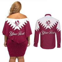 Personalised Qatar National Day Couples Matching Off Shoulder Short Dress and Long Sleeve Button Shirt Dawlat Qatar Map Islamic Pattern - Wonder Print Shop