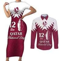 Personalised Qatar National Day Couples Matching Short Sleeve Bodycon Dress and Long Sleeve Button Shirt Dawlat Qatar Map Islamic Pattern - Wonder Print Shop