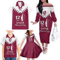 Personalised Qatar National Day Family Matching Off Shoulder Long Sleeve Dress and Hawaiian Shirt Dawlat Qatar Map Islamic Pattern - Wonder Print Shop