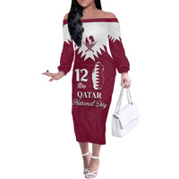 Personalised Qatar National Day Family Matching Off Shoulder Long Sleeve Dress and Hawaiian Shirt Dawlat Qatar Map Islamic Pattern - Wonder Print Shop