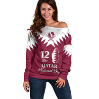 Personalised Qatar National Day Off Shoulder Sweater Dawlat Qatar Map Islamic Pattern - Wonder Print Shop