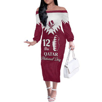 Personalised Qatar National Day Off The Shoulder Long Sleeve Dress Dawlat Qatar Map Islamic Pattern - Wonder Print Shop