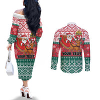 Personalized Hungary Christmas Couples Matching Off The Shoulder Long Sleeve Dress and Long Sleeve Button Shirt Magyarorszag Boldog Karacsonyt