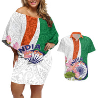 Couples matching off-shoulder short dress and Hawaiian shirt set, green/white/orange paisley