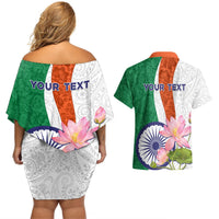 Couples matching back-view off-shoulder dress and Hawaiian shirt, green/white/orange lotus print