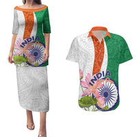 Couples matching puletasi and Hawaiian shirt set with green, orange, white floral paisley