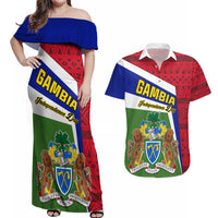 Gambia Independence Day Couples Matching Off Shoulder Maxi Dress and Hawaiian Shirt Coat Of Arms African Pattern - Wonder Print Shop