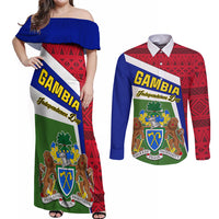 Gambia Independence Day Couples Matching Off Shoulder Maxi Dress and Long Sleeve Button Shirt Coat Of Arms African Pattern - Wonder Print Shop