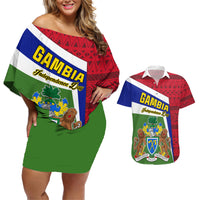 Gambia Independence Day Couples Matching Off Shoulder Short Dress and Hawaiian Shirt Coat Of Arms African Pattern - Wonder Print Shop