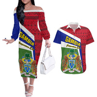 Gambia Independence Day Couples Matching Off The Shoulder Long Sleeve Dress and Hawaiian Shirt Coat Of Arms African Pattern - Wonder Print Shop
