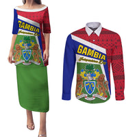Gambia Independence Day Couples Matching Puletasi and Long Sleeve Button Shirt Coat Of Arms African Pattern - Wonder Print Shop