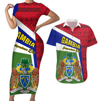 Gambia Independence Day Couples Matching Short Sleeve Bodycon Dress and Hawaiian Shirt Coat Of Arms African Pattern - Wonder Print Shop