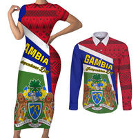 Gambia Independence Day Couples Matching Short Sleeve Bodycon Dress and Long Sleeve Button Shirt Coat Of Arms African Pattern - Wonder Print Shop