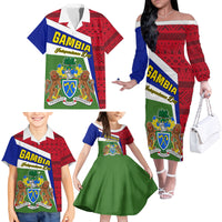 Gambia Independence Day Family Matching Off Shoulder Long Sleeve Dress and Hawaiian Shirt Coat Of Arms African Pattern - Wonder Print Shop