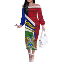 Gambia Independence Day Family Matching Off Shoulder Long Sleeve Dress and Hawaiian Shirt Coat Of Arms African Pattern - Wonder Print Shop