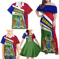 Gambia Independence Day Family Matching Off Shoulder Maxi Dress and Hawaiian Shirt Coat Of Arms African Pattern - Wonder Print Shop