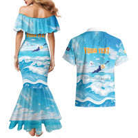 Personalized Anguilla Couples Matching Mermaid Dress and Hawaiian Shirt Three Orange Gold Natural Dolphins