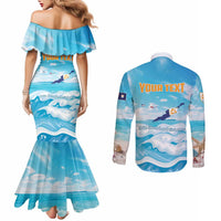 Personalized Anguilla Couples Matching Mermaid Dress and Long Sleeve Button Shirt Three Orange Gold Natural Dolphins