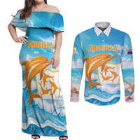 Personalized Anguilla Couples Matching Off Shoulder Maxi Dress and Long Sleeve Button Shirt Three Orange Gold Natural Dolphins
