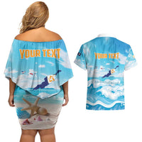 Personalized Anguilla Couples Matching Off Shoulder Short Dress and Hawaiian Shirt Three Orange Gold Natural Dolphins