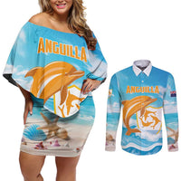 Personalized Anguilla Couples Matching Off Shoulder Short Dress and Long Sleeve Button Shirt Three Orange Gold Natural Dolphins