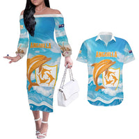 Personalized Anguilla Couples Matching Off The Shoulder Long Sleeve Dress and Hawaiian Shirt Three Orange Gold Natural Dolphins