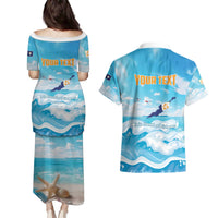 Personalized Anguilla Couples Matching Puletasi and Hawaiian Shirt Three Orange Gold Natural Dolphins