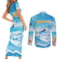 Personalized Anguilla Couples Matching Short Sleeve Bodycon Dress and Long Sleeve Button Shirt Three Orange Gold Natural Dolphins