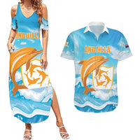 Personalized Anguilla Couples Matching Summer Maxi Dress and Hawaiian Shirt Three Orange Gold Natural Dolphins