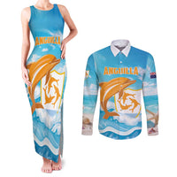 Personalized Anguilla Couples Matching Tank Maxi Dress and Long Sleeve Button Shirt Three Orange Gold Natural Dolphins