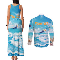 Personalized Anguilla Couples Matching Tank Maxi Dress and Long Sleeve Button Shirt Three Orange Gold Natural Dolphins
