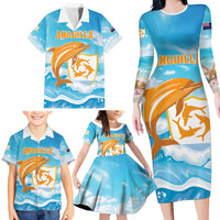 Personalized Anguilla Family Matching Long Sleeve Bodycon Dress and Hawaiian Shirt Three Orange Gold Natural Dolphins - Wonder Print Shop