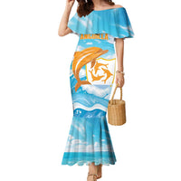 Personalized Anguilla Family Matching Mermaid Dress and Hawaiian Shirt Three Orange Gold Natural Dolphins - Wonder Print Shop