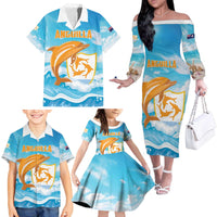 Personalized Anguilla Family Matching Off The Shoulder Long Sleeve Dress and Hawaiian Shirt Three Orange Gold Natural Dolphins