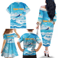 Personalized Anguilla Family Matching Off The Shoulder Long Sleeve Dress and Hawaiian Shirt Three Orange Gold Natural Dolphins