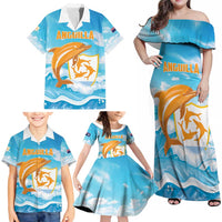 Personalized Anguilla Family Matching Off Shoulder Maxi Dress and Hawaiian Shirt Three Orange Gold Natural Dolphins - Wonder Print Shop