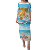 Personalized Anguilla Family Matching Puletasi and Hawaiian Shirt Three Orange Gold Natural Dolphins