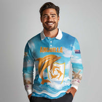 Personalized Anguilla Long Sleeve Polo Shirt Three Orange Gold Natural Dolphins - Wonder Print Shop