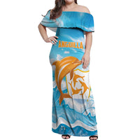 Personalized Anguilla Off Shoulder Maxi Dress Three Orange Gold Natural Dolphins - Wonder Print Shop