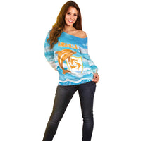 Personalized Anguilla Off Shoulder Sweater Three Orange Gold Natural Dolphins - Wonder Print Shop