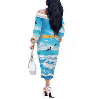 Personalized Anguilla Off The Shoulder Long Sleeve Dress Three Orange Gold Natural Dolphins - Wonder Print Shop