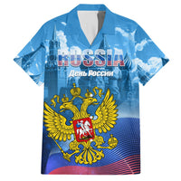 Blue Russia-themed Hawaiian shirt with coat of arms graphic and button-down collar