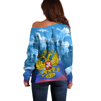 Russia Day 2024 Off Shoulder Sweater Coat Of Arms With Red Square - Wonder Print Shop