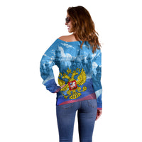 Russia Day 2024 Off Shoulder Sweater Coat Of Arms With Red Square - Wonder Print Shop